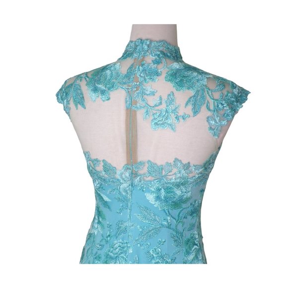 TADASHI SHOJI Embroidered Sheer Lace Mock Neck Gown Aqua 2 NEW - Picture 12 of 13